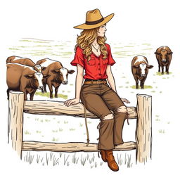 A young woman from the Old West sitting on a wooden fence, observing cows grazing