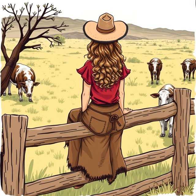 A young woman from the Old West sitting on a wooden fence, observing cows grazing