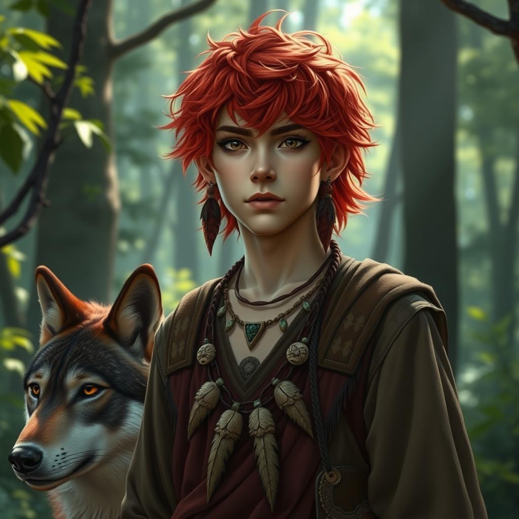 A half-grown male druid with vibrant red hair exuding an almost adult presence stands in a mystical forest