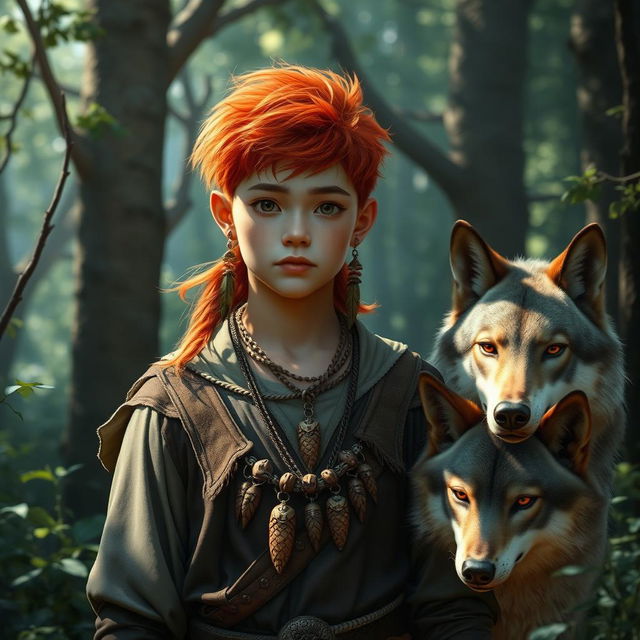 A half-grown male druid with vibrant red hair exuding an almost adult presence stands in a mystical forest