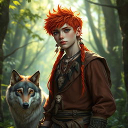 A half-grown male druid with vibrant red hair exuding an almost adult presence stands in a mystical forest