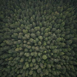 A breathtaking aerial view of a dense forest, not too high, just at the right altitude where the treetop canopy is visible, yet unable to see beneath the foliage.