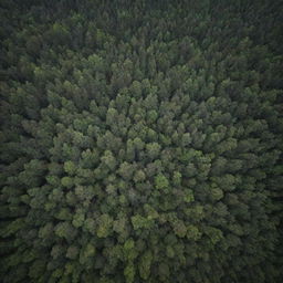 A breathtaking aerial view of a dense forest, not too high, just at the right altitude where the treetop canopy is visible, yet unable to see beneath the foliage.