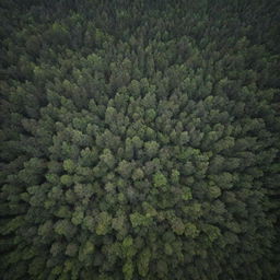 A breathtaking aerial view of a dense forest, not too high, just at the right altitude where the treetop canopy is visible, yet unable to see beneath the foliage.