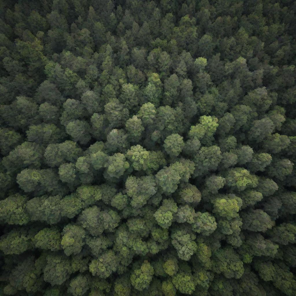 A breathtaking aerial view of a dense forest, not too high, just at the right altitude where the treetop canopy is visible, yet unable to see beneath the foliage.