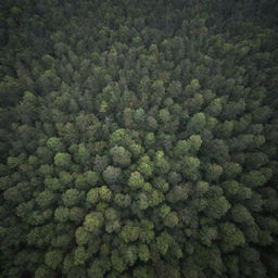 A breathtaking aerial view of a dense forest, not too high, just at the right altitude where the treetop canopy is visible, yet unable to see beneath the foliage.