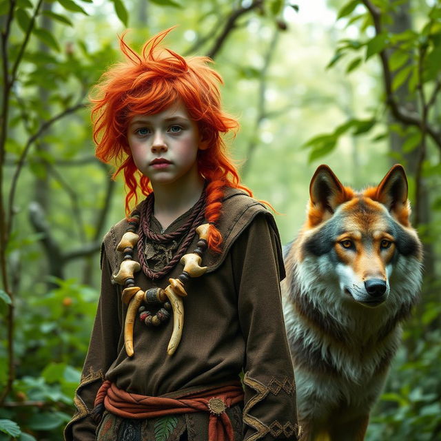 A half-grown druid with vibrant red hair standing in a lush, verdant forest