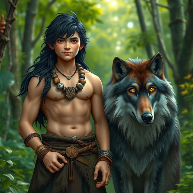 A halfling male druid with lustrous black hair stands proudly in a vibrant forest, showcasing a strong physique