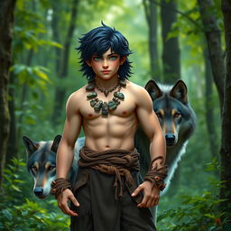 A halfling male druid with lustrous black hair stands proudly in a vibrant forest, showcasing a strong physique