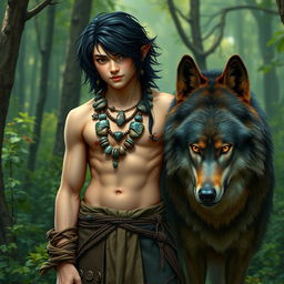 A halfling male druid with lustrous black hair stands proudly in a vibrant forest, showcasing a strong physique