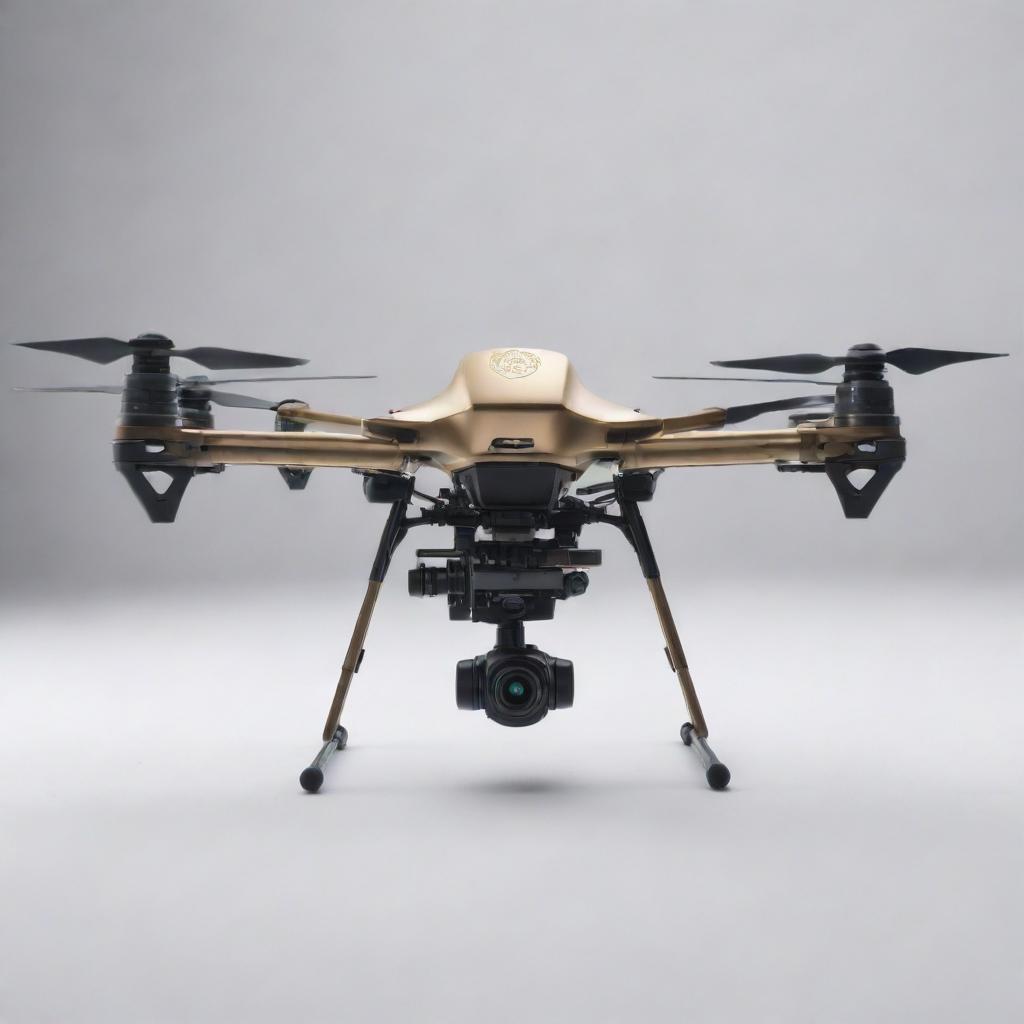 A sophisticated drone with an indignation expression, adorned with a quirky family crest.