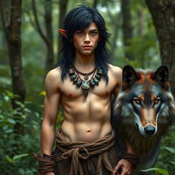 A halfling male druid with lustrous black hair stands proudly in a vibrant forest, showcasing a strong physique