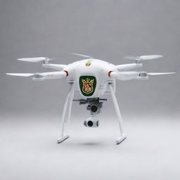 A sophisticated drone with an indignation expression, adorned with a quirky family crest.