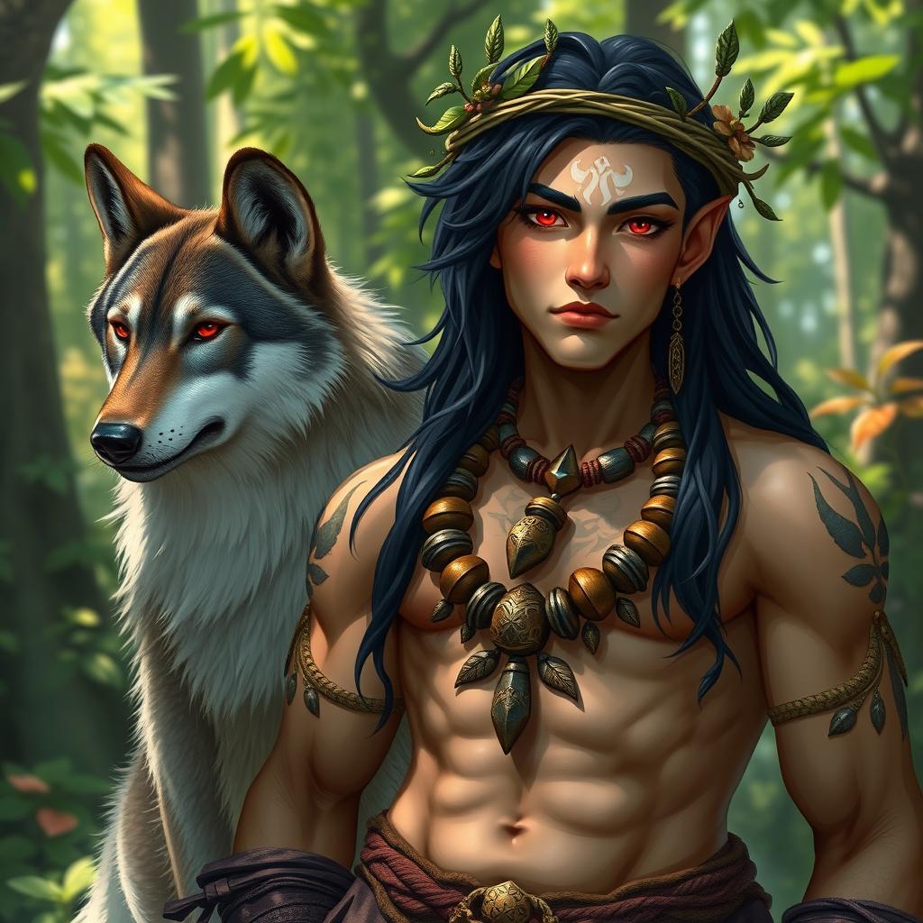 A halfling male druid with striking red eyes and jet black hair, showcasing a strong and well-defined physique