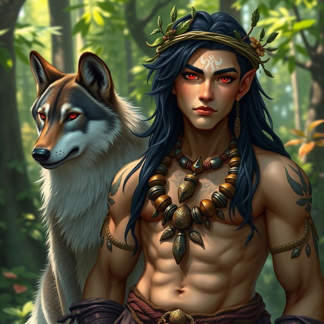 A halfling male druid with striking red eyes and jet black hair, showcasing a strong and well-defined physique