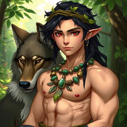 A halfling male druid with striking red eyes and jet black hair, showcasing a strong and well-defined physique