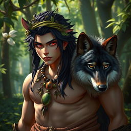 A halfling male druid with striking red eyes and jet black hair, showcasing a strong and well-defined physique