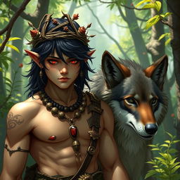 A halfling male druid with striking red eyes and jet black hair, showcasing a strong and well-defined physique