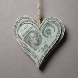 A heart symbol bound by a sturdy rope made entirely of crisp dollar bills.