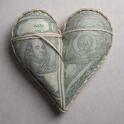 A heart symbol bound by a sturdy rope made entirely of crisp dollar bills.