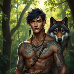 A medium-sized male druid with striking red eyes and deep black hair, showcasing a strong and well-defined physique