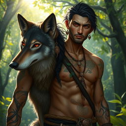 A medium-sized male druid with striking red eyes and deep black hair, showcasing a strong and well-defined physique