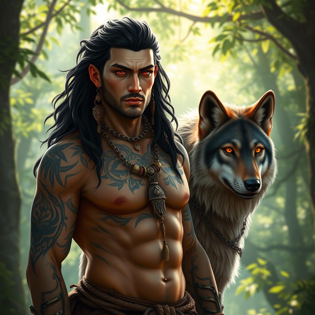 A medium-sized male druid with striking red eyes and deep black hair, showcasing a strong and well-defined physique