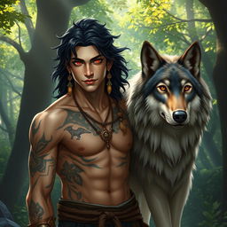 A medium-sized male druid with striking red eyes and deep black hair, showcasing a strong and well-defined physique