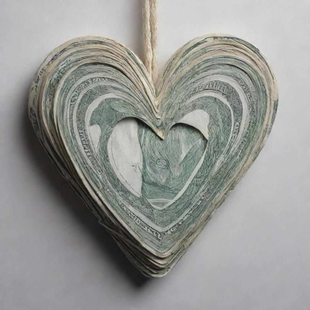 A heart symbol bound by a sturdy rope made entirely of crisp dollar bills.