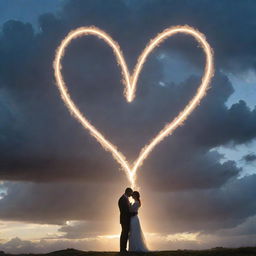 An elegantly divine portrayal of 'Pure Love'. Show two radiant, intertwined heart-shaped beams of light, glowing against a backdrop of intricate cloud formations and a clear sky.