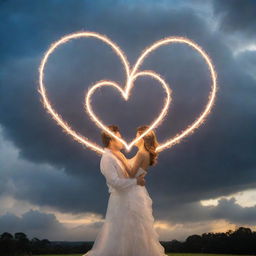 An elegantly divine portrayal of 'Pure Love'. Show two radiant, intertwined heart-shaped beams of light, glowing against a backdrop of intricate cloud formations and a clear sky.