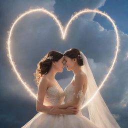 An elegantly divine portrayal of 'Pure Love'. Show two radiant, intertwined heart-shaped beams of light, glowing against a backdrop of intricate cloud formations and a clear sky.