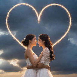 An elegantly divine portrayal of 'Pure Love'. Show two radiant, intertwined heart-shaped beams of light, glowing against a backdrop of intricate cloud formations and a clear sky.