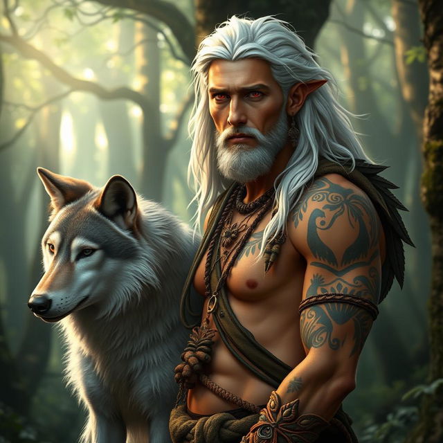 A medium-sized male druid with striking red eyes and flowing white hair, exuding an aura of mysticism and strength