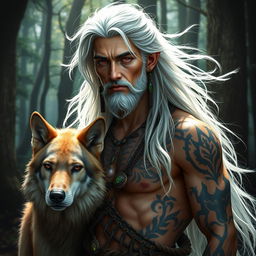 A medium-sized male druid with striking red eyes and flowing white hair, exuding an aura of mysticism and strength