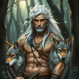 A medium-sized male druid with striking red eyes and flowing white hair, exuding an aura of mysticism and strength