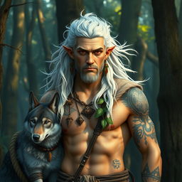 A medium-sized male druid with striking red eyes and flowing white hair, exuding an aura of mysticism and strength