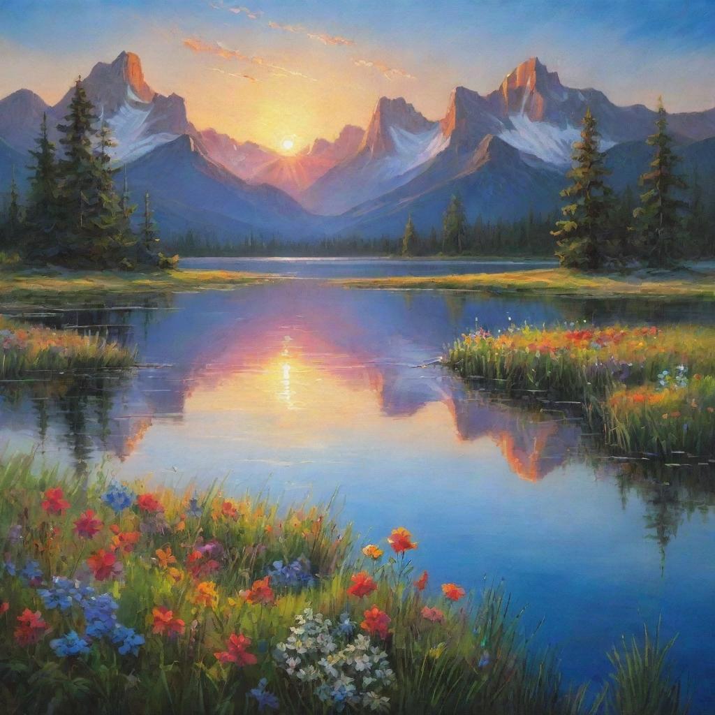 A heavenly depiction of 'Pure Beauty'. A pristine, untouched landscape with a crystal-clear lake reflecting the radiant colors of the sunrise or sunset, a canvas of vibrant wildflowers spread out under a bright blue sky.