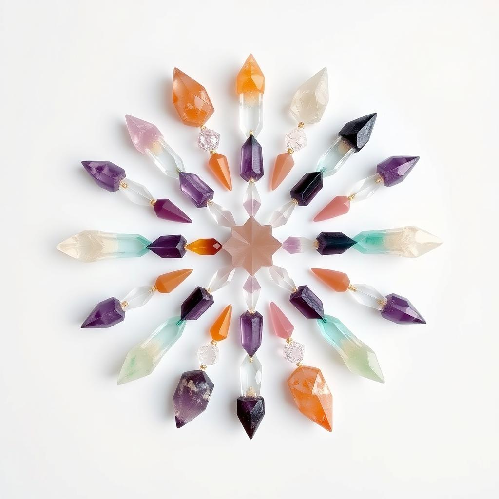 A beautiful hexagon crystal grid, featuring a symmetrical arrangement of various colorful crystals like amethyst, rose quartz, and citrine