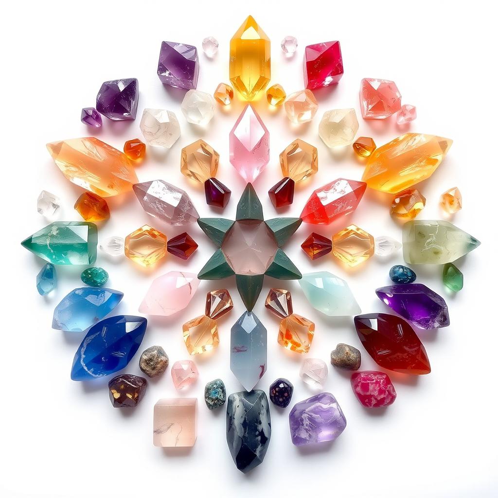 A beautiful hexagon crystal grid, featuring a symmetrical arrangement of various colorful crystals like amethyst, rose quartz, and citrine