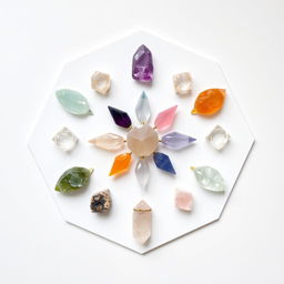 A beautiful hexagon crystal grid, featuring a symmetrical arrangement of various colorful crystals like amethyst, rose quartz, and citrine