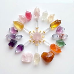 A beautiful hexagon crystal grid, featuring a symmetrical arrangement of various colorful crystals like amethyst, rose quartz, and citrine