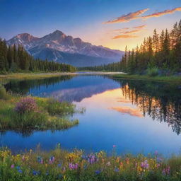 A heavenly depiction of 'Pure Beauty'. A pristine, untouched landscape with a crystal-clear lake reflecting the radiant colors of the sunrise or sunset, a canvas of vibrant wildflowers spread out under a bright blue sky.