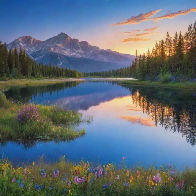 A heavenly depiction of 'Pure Beauty'. A pristine, untouched landscape with a crystal-clear lake reflecting the radiant colors of the sunrise or sunset, a canvas of vibrant wildflowers spread out under a bright blue sky.