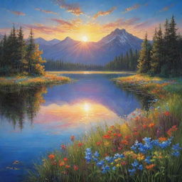 A heavenly depiction of 'Pure Beauty'. A pristine, untouched landscape with a crystal-clear lake reflecting the radiant colors of the sunrise or sunset, a canvas of vibrant wildflowers spread out under a bright blue sky.