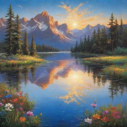 A heavenly depiction of 'Pure Beauty'. A pristine, untouched landscape with a crystal-clear lake reflecting the radiant colors of the sunrise or sunset, a canvas of vibrant wildflowers spread out under a bright blue sky.