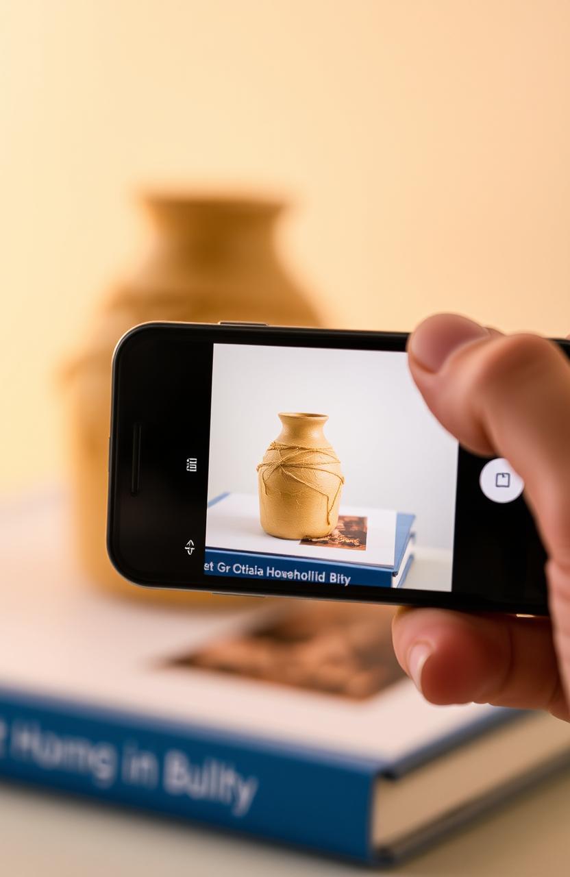 A smartphone positioned in landscape orientation is capturing a photo of a simple household object