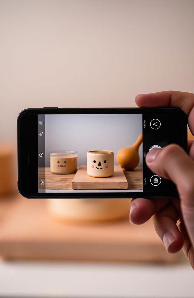 A smartphone positioned in landscape orientation is capturing a photo of a simple household object