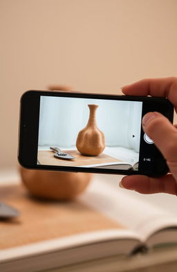 A smartphone positioned in landscape orientation is capturing a photo of a simple household object