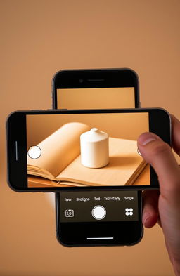 A smartphone positioned in landscape orientation is capturing a photo of a simple household object